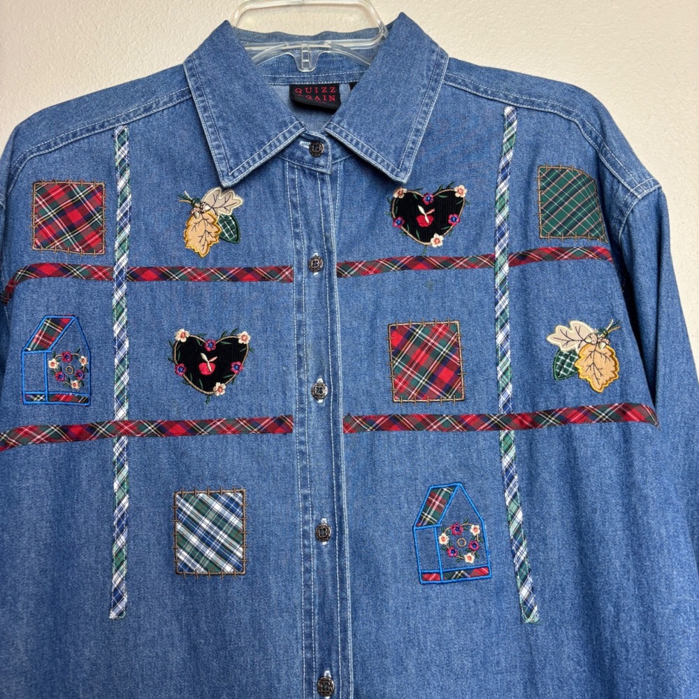 Cottagecore Denim Button Top Womens Medium M Blue Patchwork Folk Art Vintage 90s - Picture 3 of 11